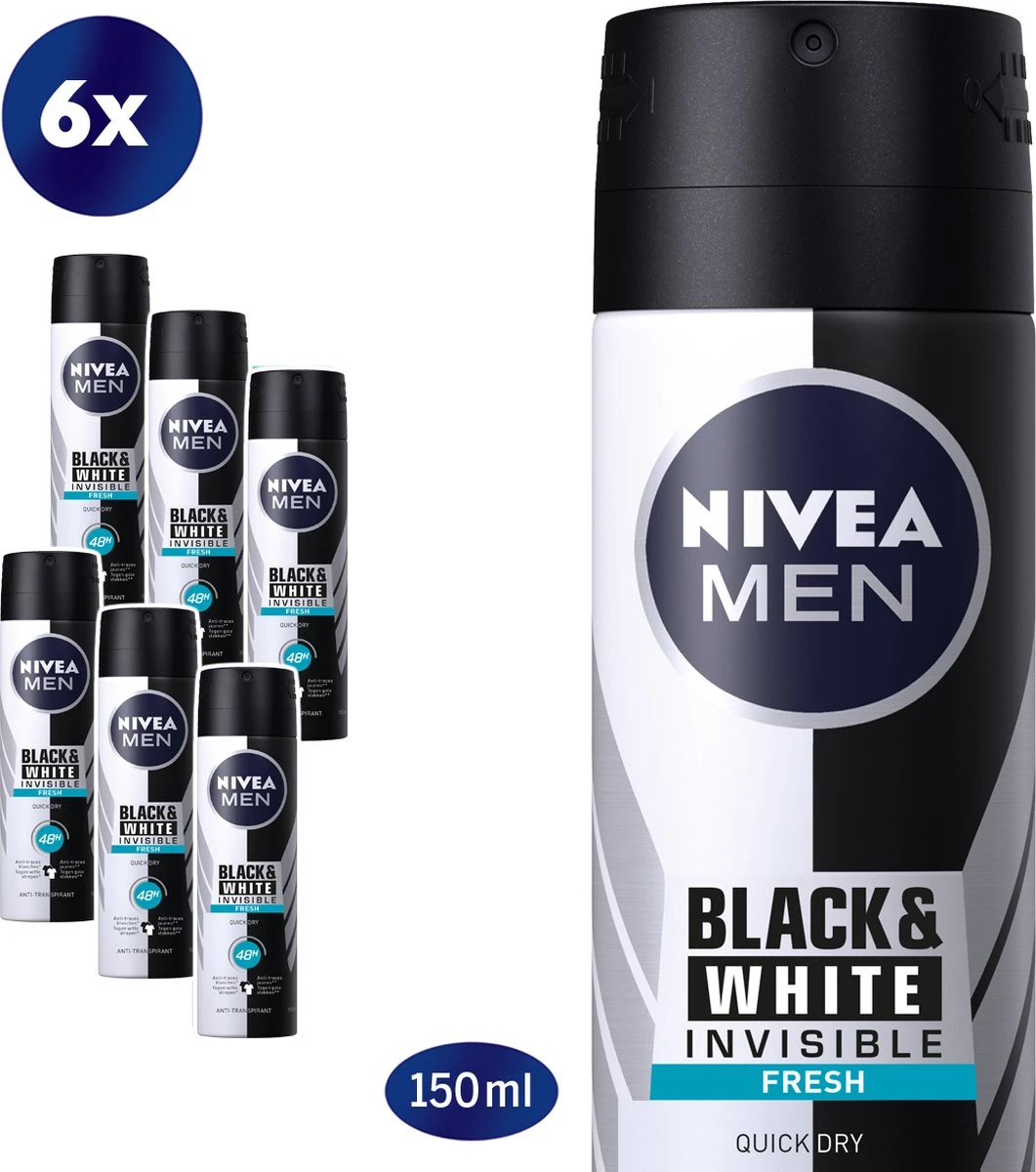 NIVEA MEN Invisible For Black & White Fresh - 6 X 150ml - Voordeelverpakking - Deodorant Spray 1 NIVEA MEN Invisible For Black & White Fresh - 6 X 150ml - Voordeelverpakking - Deodorant Spray