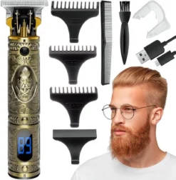 Merkloos Buddha Tondeuse Mannen - 2022 Nieuwste Model - Draadloze Haartrimmer - Geschikt Voor Hoofdhaar/Baardhaar - Trimmer Draadloos - Haarclipper - Scheerapparaat - Goud - Inclusief Oplaadblok En 4 Opzetstukjes