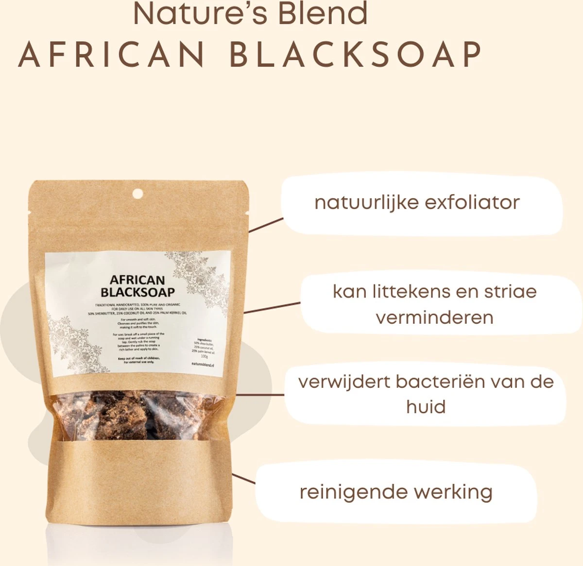 Nature's Blend African Black Soap - Zeep Puur - Biologisch - 100 Gram 2 Nature's Blend African Black Soap - Zeep Puur - Biologisch - 100 Gram - Afbeelding 2