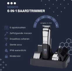 Alternative view of Merkloos Modito® 6-in-1 Baardtrimmer Voor Mannen/Heren - 6 Opzetstukken & Houder - Voor Neus & Oor - Bodygroomer - 100% Waterdicht - Tondeuse - 0.5-12MM