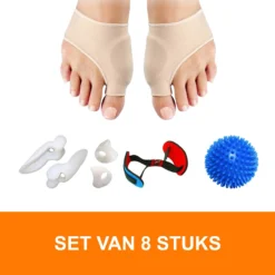{Feetz} Hallux Valgus Bunion Protector & Corrector - SET VAN 8 STUKS – Voetverzorging & Teenspreider Teenspalk – Voorvoetzolen Siliconen Set Ter Correctie Van Tenenstand. Inclusief Teenband & Massagebal Voor Spierversterkende Oefeningen