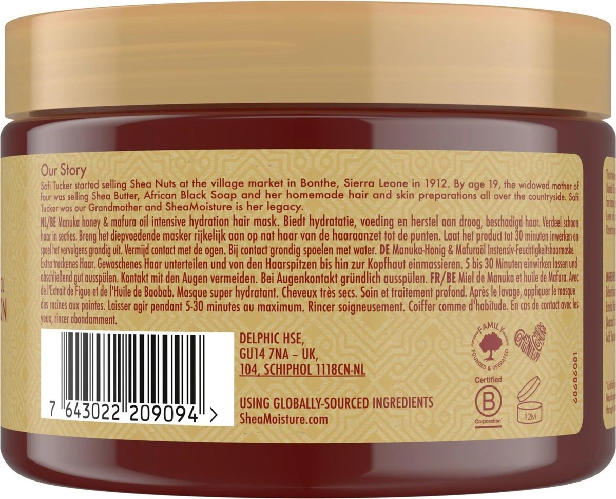 Shea Moisture Manuka Honey & Mafura Oil - Haarmasker Intensive Hydration - 355 Ml 2 Shea Moisture Manuka Honey & Mafura Oil - Haarmasker Intensive Hydration - 355 Ml - Afbeelding 2
