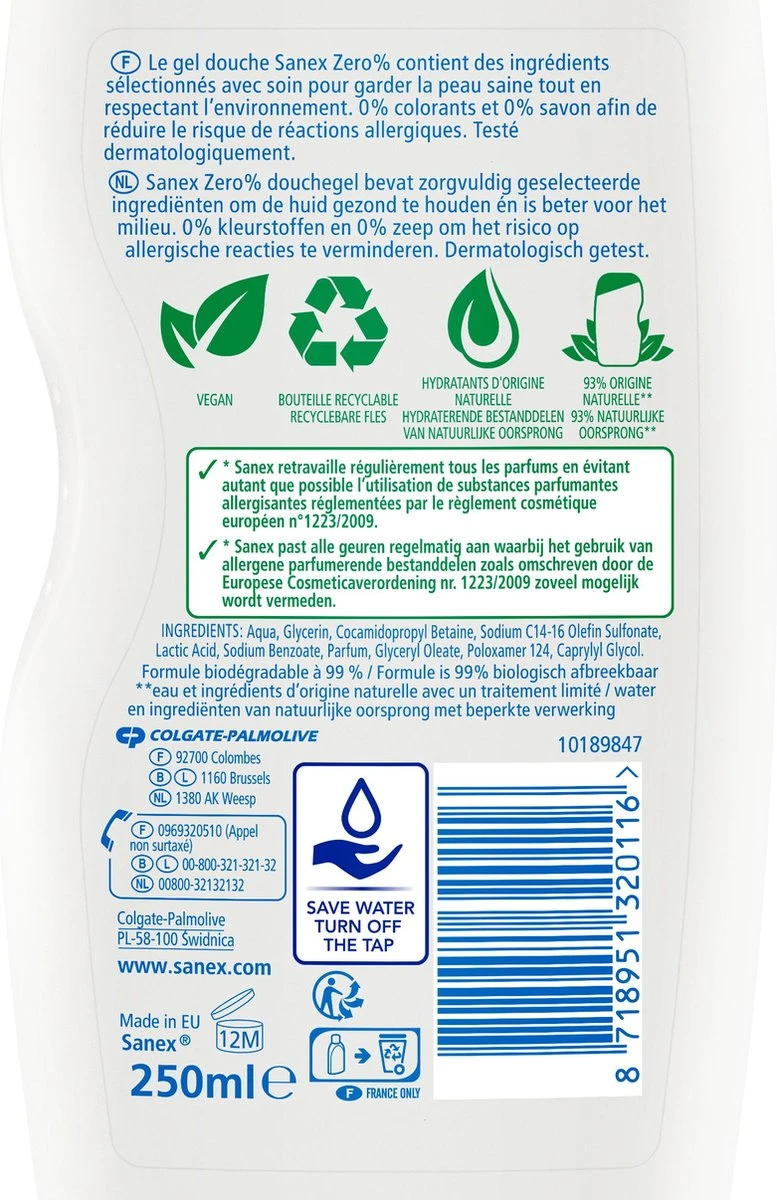 Sanex Zero% Droge Huid Douchegel - 6 X 250ml - Voordeelverpakking 3 Sanex Zero% Droge Huid Douchegel - 6 X 250ml - Voordeelverpakking - Afbeelding 3